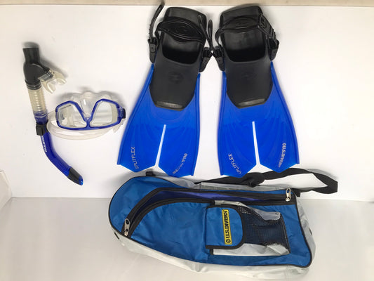 Snorkel Dive Fins Set Men's Size 6.5-9.5 Shoe US Divers Black Blue Excellent