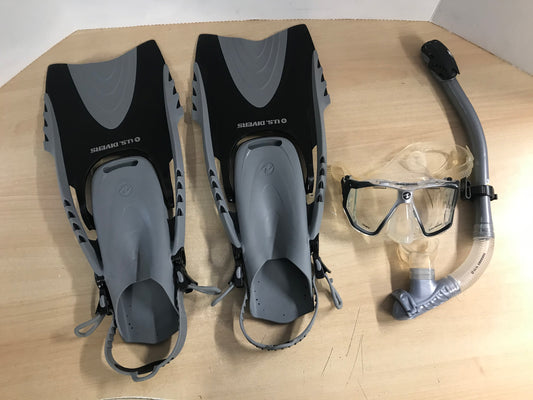 Snorkel Dive Fins Set Men's Size 9-13 Shoe Size US Divers Black Grey Excellent