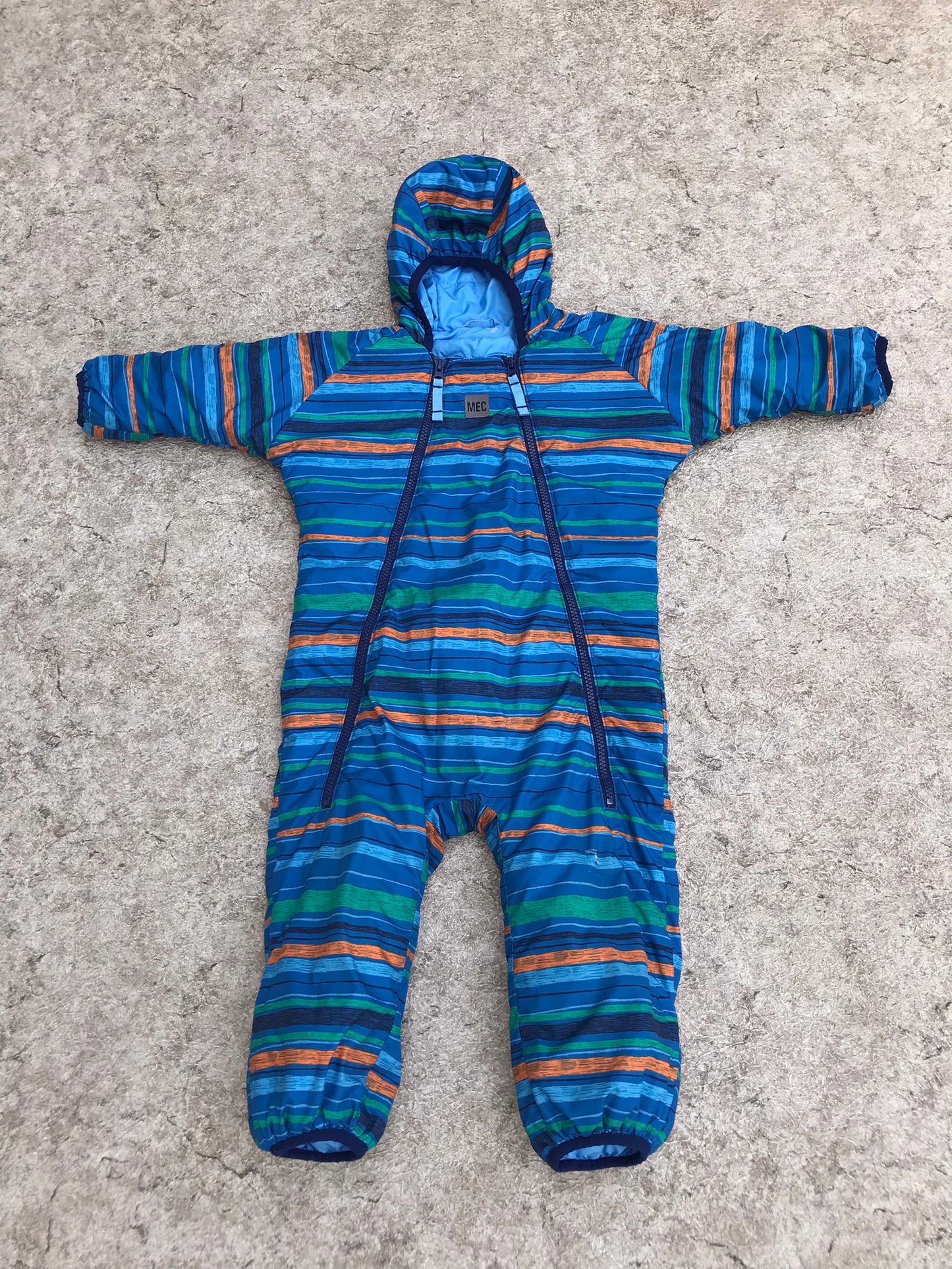 Snowsuit Child Size 18 Month MEC Blue Multi With Hand And Feet Mitts Open or Covered Small Tear On Leg