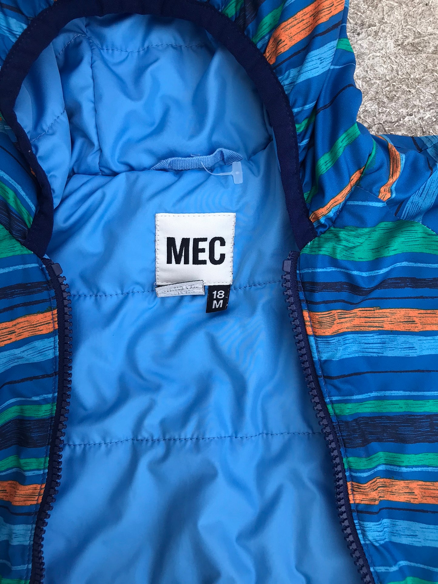Snowsuit Child Size 18 Month MEC Blue Multi With Hand And Feet Mitts Open or Covered Small Tear On Leg