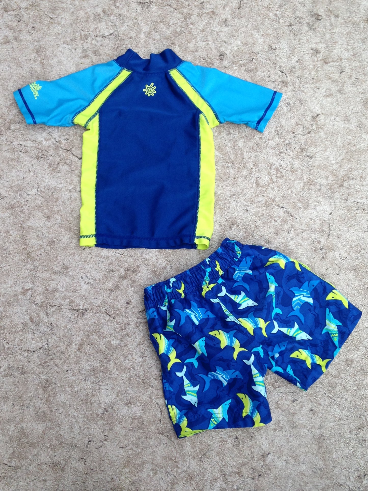 Sun Wear Child Size 12-18 Month UV Skins Sun and Swim 2 Pc Set Blue Lime 50+ Protect