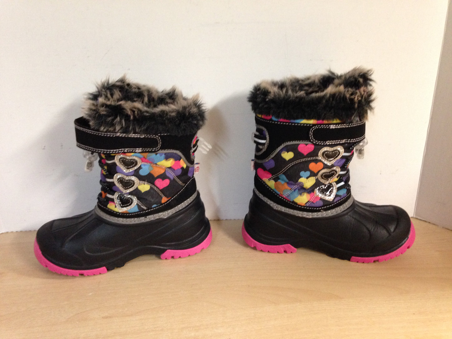 Winter Boots Child Size 12 Waterproof Pink Purple Hearts Faux Fur Excellent