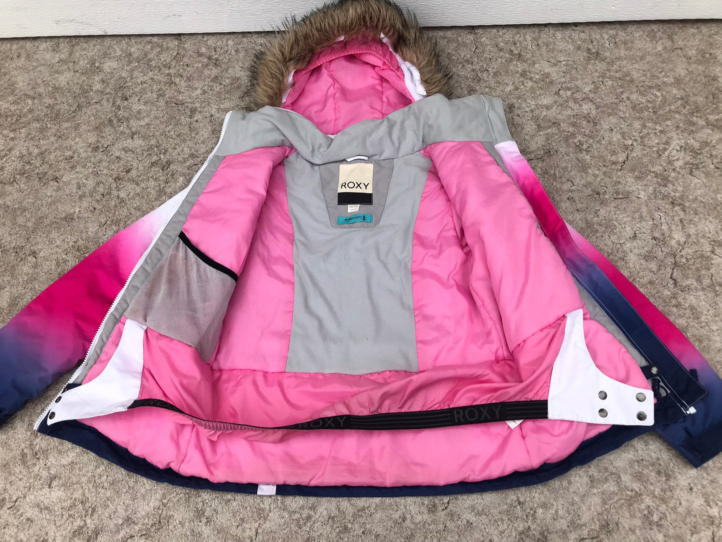 Winter Coat Child Size 12 Roxy Technical Snowboarding Faux Fur With Snow Belt Fushia White Denim New Demo Model