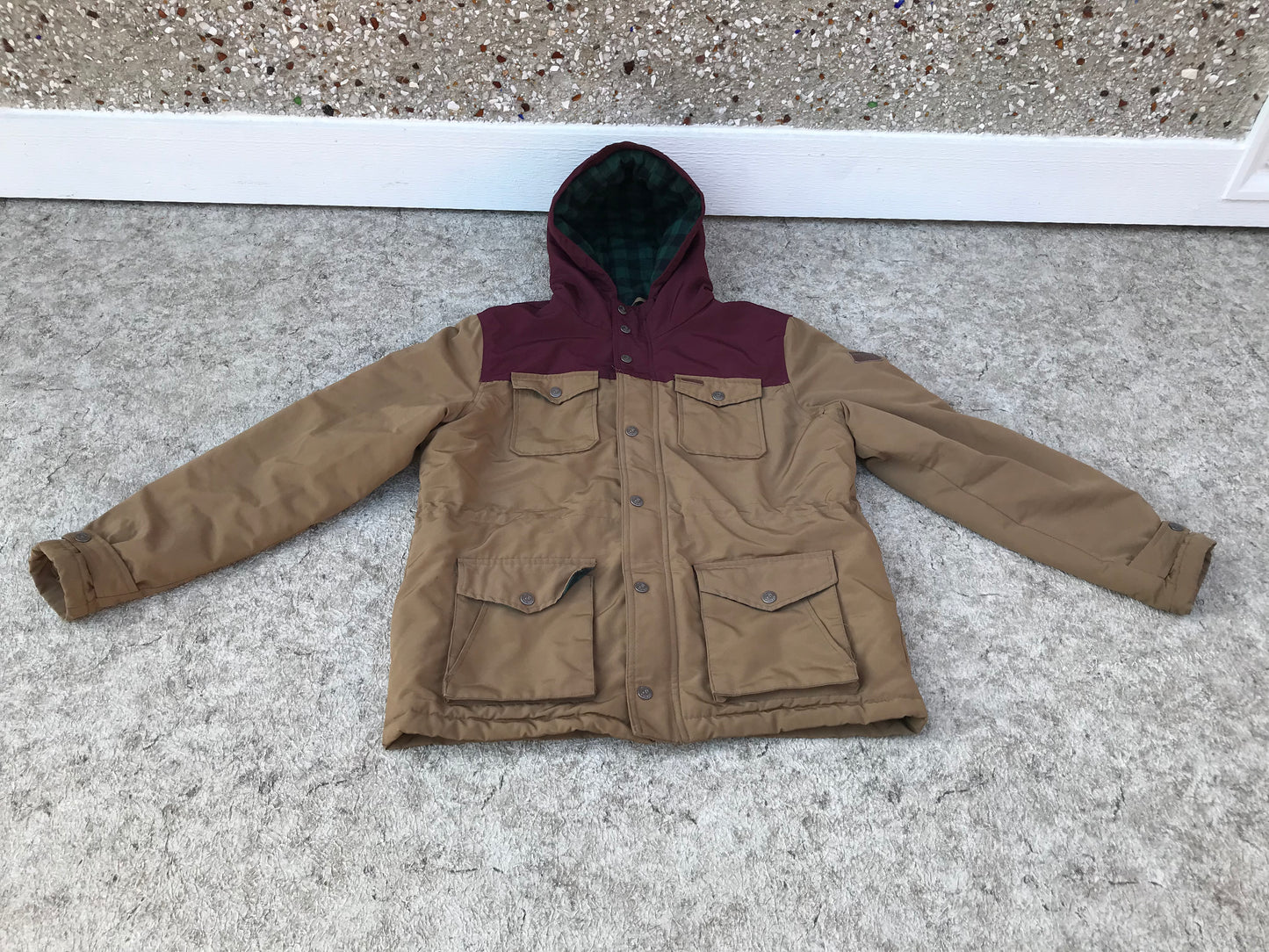 Winter Coat Child Size 16 X Large Parka Outerwear Brown With Green Black Flannel Inside As New PT 3440