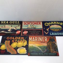 Cottage Set of 5 Vintage Red Ball Wood Backed Label Pictures 12.5x9 inch Sold As A Lot