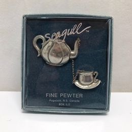 Cottage NEW Vintage Pewter Seagull Brand Tea Pot and Cup Brooch Made In Nova Scotia