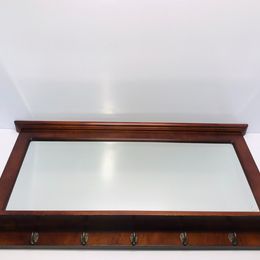 Cottage Large Entryway Wooden Wall Mirror Shelf Coat Rack Walnut Heavy NEW 37x21" Excellent