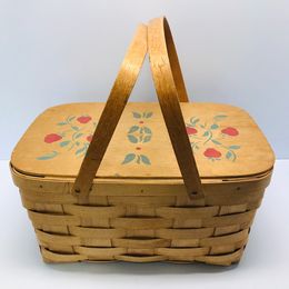 Grandma Antique Wood Rattan Large Picnic Basket Painted Lid 1950's Excellent Condition 18x12x10"