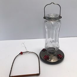 Cottage Hummingbird Feeder Glass and Metal With Brass Wood Hummingbird Swing Sold As A Set