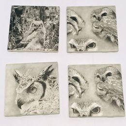 Cottage Custom Made Owl Ceramic Coasters New Set of 4