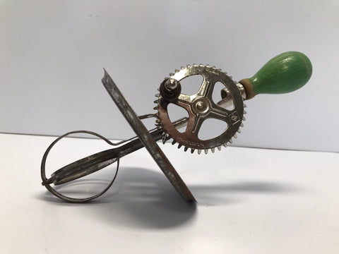 Antique A&J Metal Egg Beater Mixer Splash Guard Green Wood Handle USA Rare