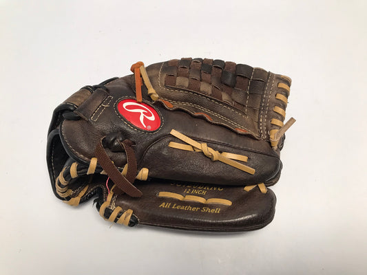Baseball Glove Adult Size 12 Inch Rawlings Leather Brown Fits On Left Hand Like New