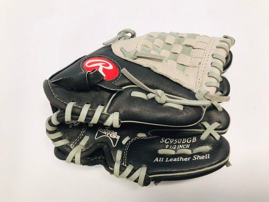 Baseball Glove Child Size 9.5 inch Rawlings Grey Black Leather Fits Left Like New