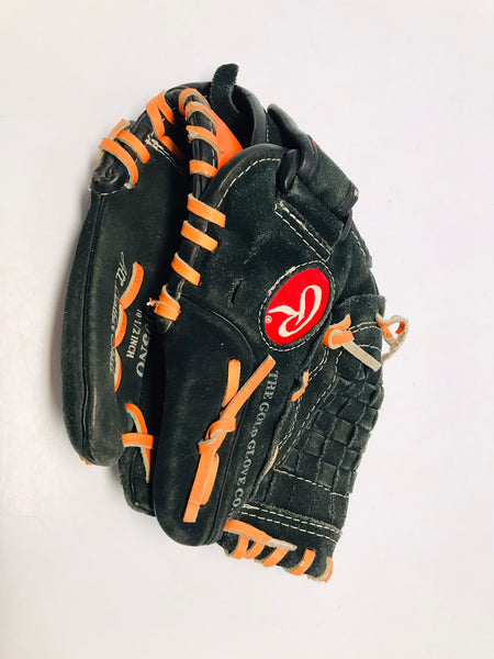 Baseball Glove Child Size 10.5 Rawlings Black Orange Leather Suade Fits Left Hand