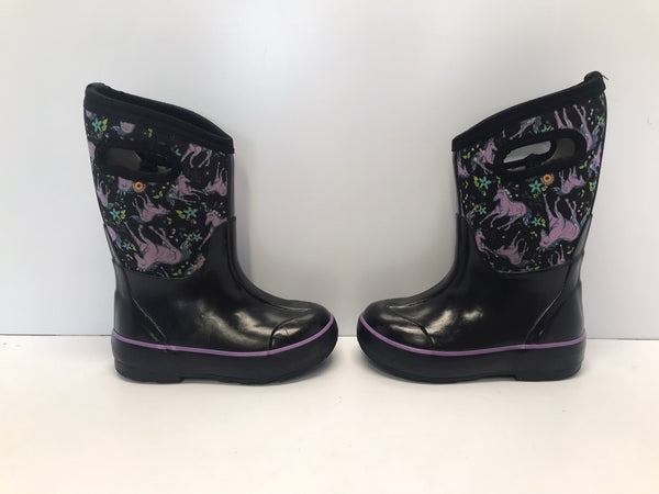 Bogs Brand Child Size 11 Black Purple Unicorns  to - 30 degree Rain Winter Excellent