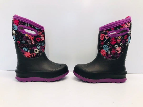 Bogs Brand Child Size 12 Black Purple Flowers  to - 30 degree Rain Winter Excellent