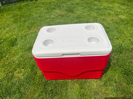 Camping Classic Coleman Red Cooler 36 Quart 4 Cup Holders Like New Fishing Beach Picnic Like New