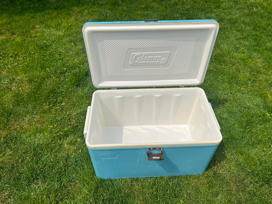 Camping Cooler Vintage 1970s Blue Metal Ice Chest 48 Quarts With Freezer Liner Made In Canada RARE