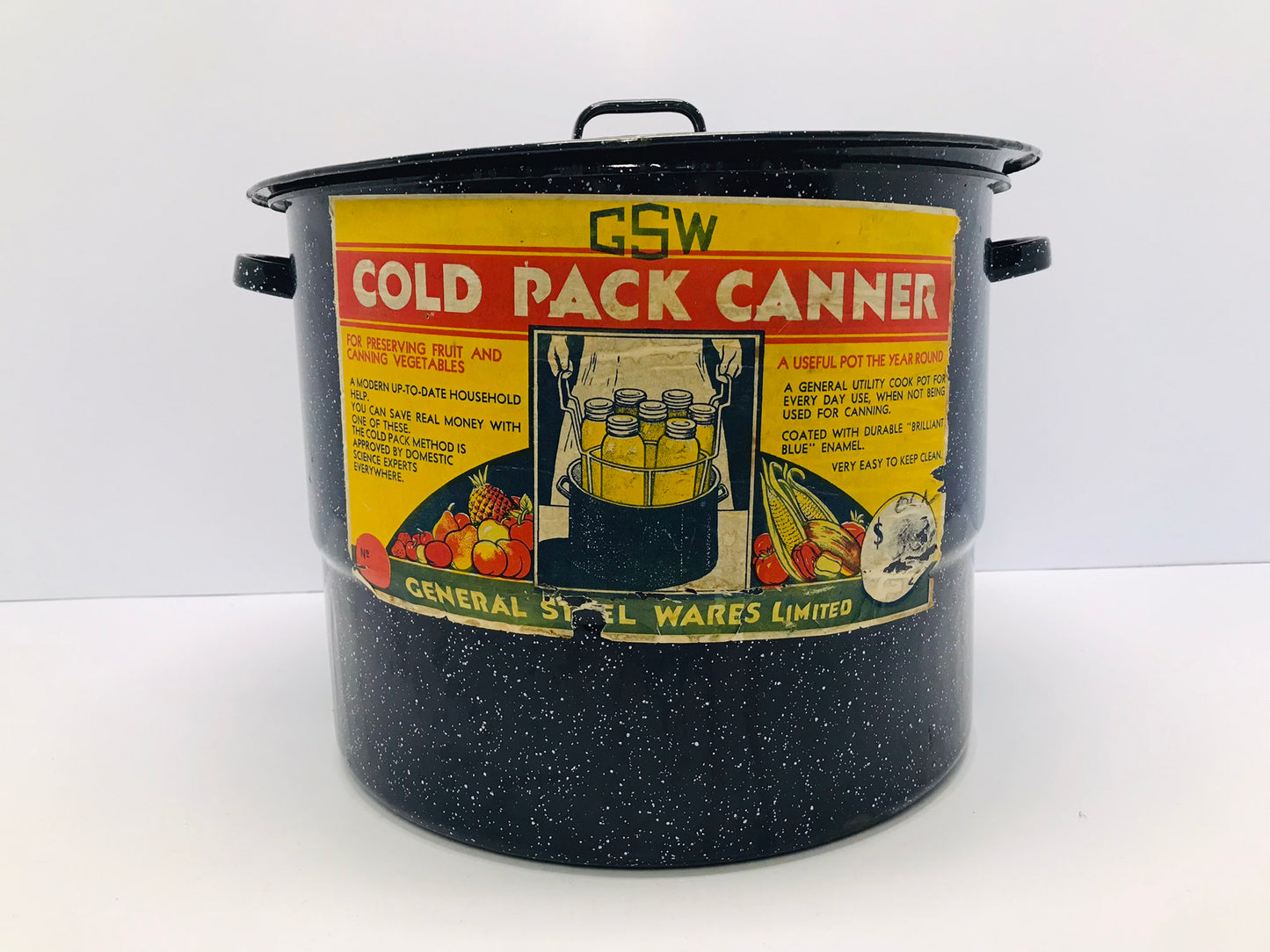 Canning Pot Enamelware Brilliant Blue Speckle Vintage 1950's With Grandma's Original Old Paper Label On it 21 quart