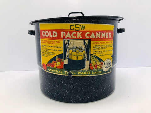 Canning Pot Enamelware Brilliant Blue Speckle Vintage 1950's With Grandma's Original Old Paper Label On it 21 quart