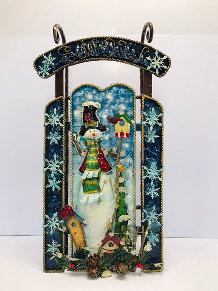 Christmas Decoration Wall Doorway Porch Heavy Metal Snowman Sled 24x12 inch Well Made Adorable New