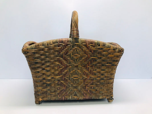 Cottage Home Brown Boho Rattan Wicker Storage Basket or Floor Rack Authentic Vintage Magazine Rack Record Holder LP Display RARE
