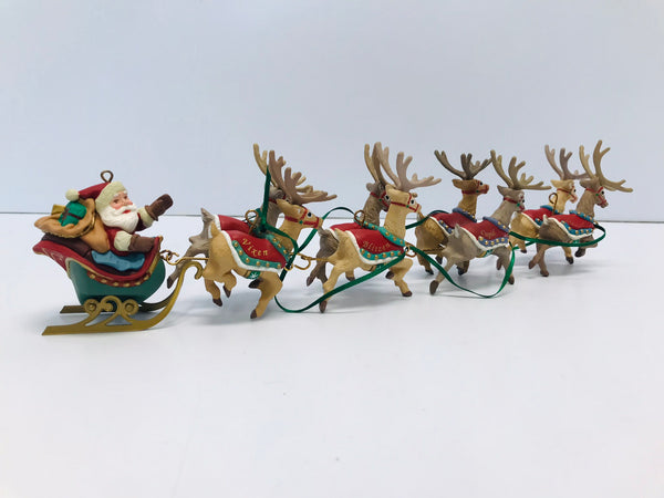 Christmas Ornaments Santa and His Team Of Reindeers 14" long  Genly Used