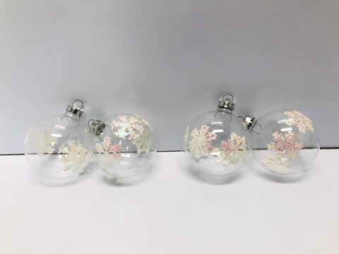 Christmas 4 Tree Ball Ornaments Vintage White Pink Glitter Snowflakes