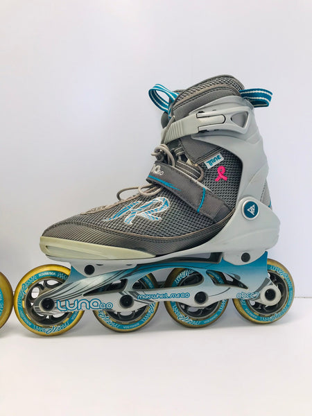 Inline Roller Skate Ladies Size 8 K-2 Blue Teal Grey Rubber Wheels Excellent