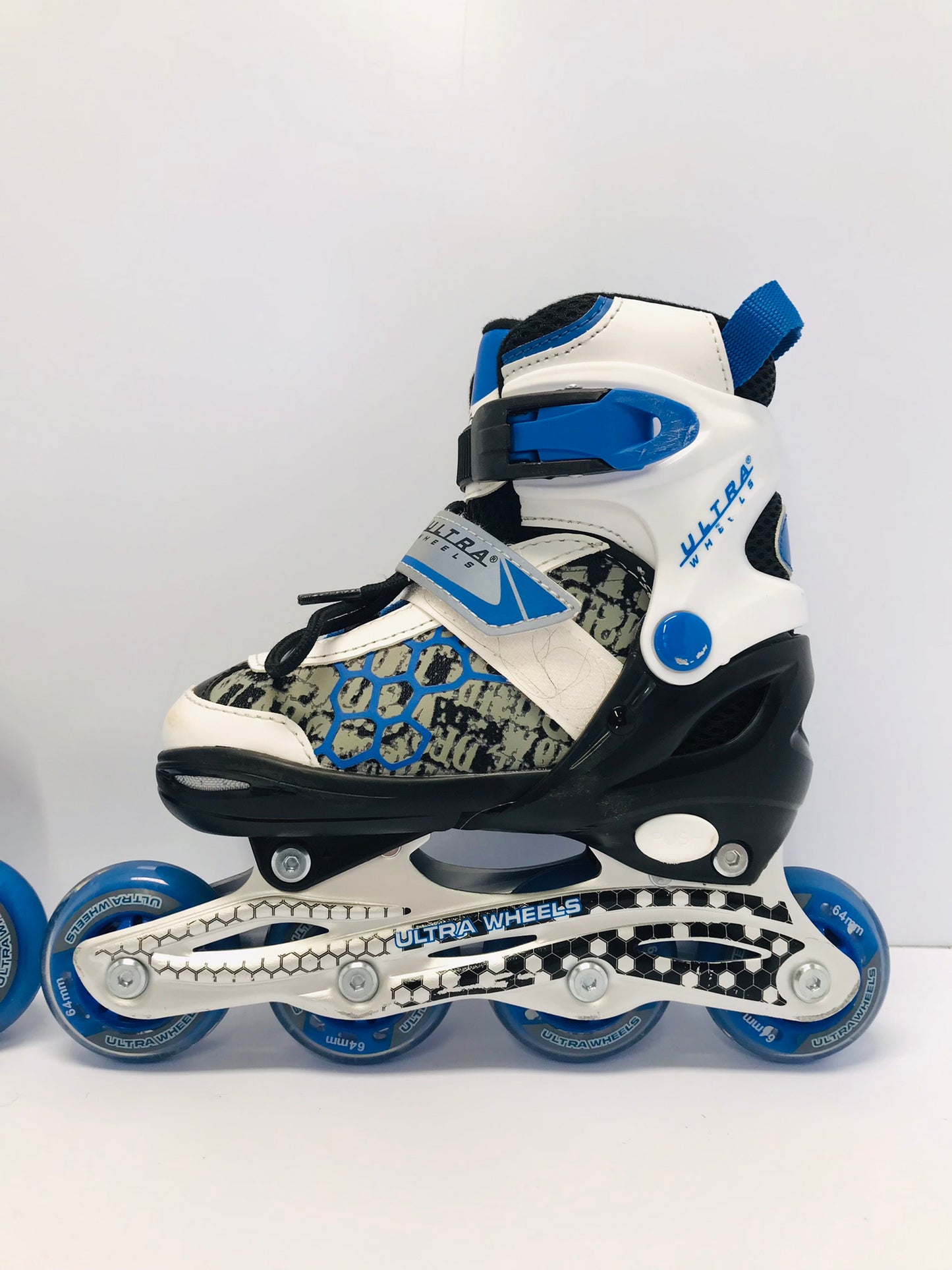 Inline Roller Skates Child Size 1-4 Shoe Size Adjustable Blue White Black Like New Worn Once
