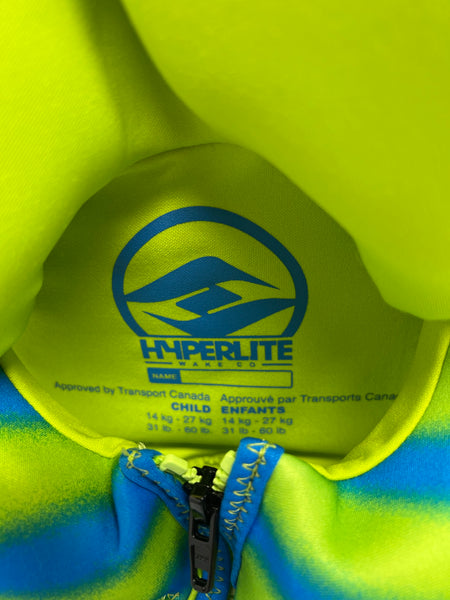 Life Jacket Child Size 30-60 lb Hyperlite Lime and Blue Neoprene Like New