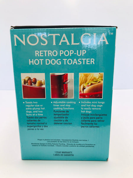 Nostalgia 2 Slot Hot Dog and Bun Toaster with Mini Tongs, Hot Dog Toaster Works with Chicken, Turkey, Veggie Links, Sausages and Brats, Retro Red NEW SEALED