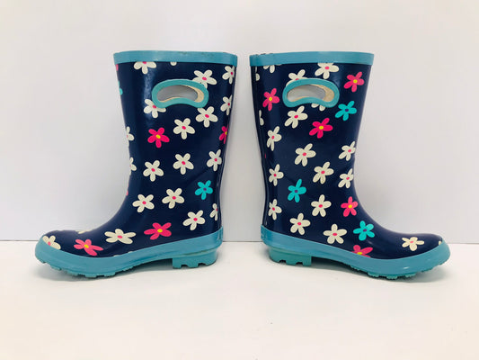 Rain Boots Child Size 2 Outbound Blue Pink Flowers Excellent