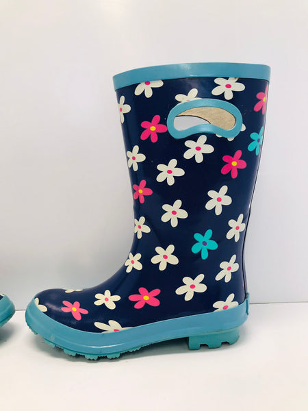 Rain Boots Child Size 2 Outbound Blue Pink Flowers Excellent