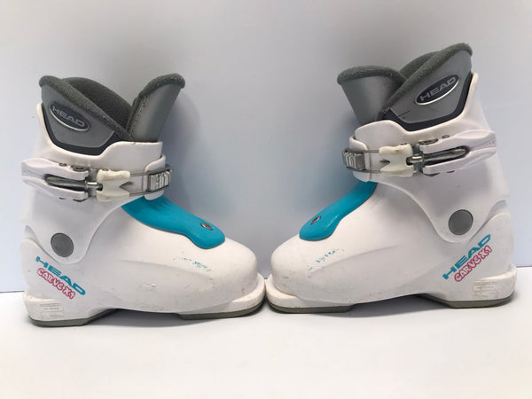 Ski Boots Mondo Size 18.0 Child Size 12 221mm Head Curve White Blue Some Wear Scratches