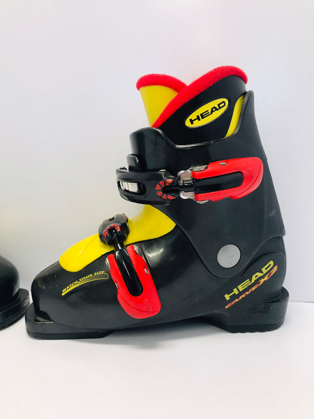 Ski Boots Mondo Size 19.0 - 20.5 Child Size 13-1.5 241 mm Head Black Red Yellow Excellent