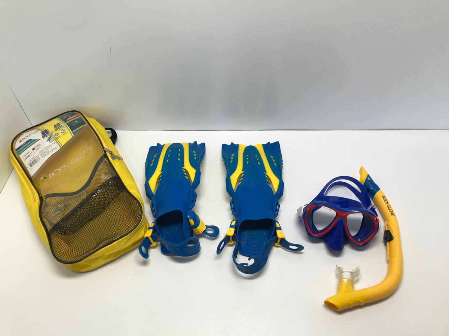 Snorkel Dive Surf Fins Set Child Size 9-13 Shoe Body Glove Blue Yellow Adjustable Excellent