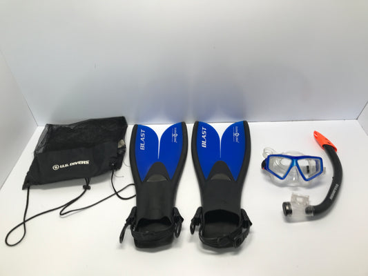 Snorkel Dive Surf Swim Fins Set Men's Size 7-10 Aqua lung U.S. Divers Set Blue Black