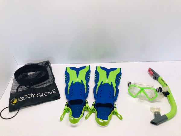 Snorkel Dive Swim Fins Set Child Shoe Size 1-4 Body Glove Blue Lime Excellent