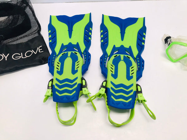 Snorkel Dive Swim Fins Set Child Shoe Size 1-4 Body Glove Blue Lime Excellent