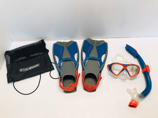 Snorkel Dive Swim Fins Set Child Shoe Size 1-4 US Divers Blue Orange Grey