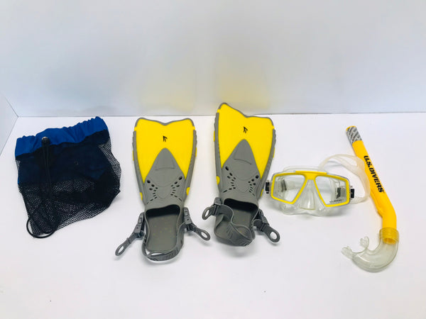 Snorkel Dive Swim Fins Set Child Shoe Size 1-4 US Divers Yellow Grey Excellent