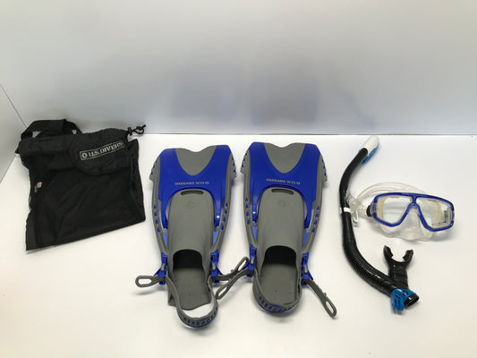 Snorkel Surf Fins Set Men's Size 4-8.5 Women's Size 5-9.5 US Divers Blue Grey Black Excellent