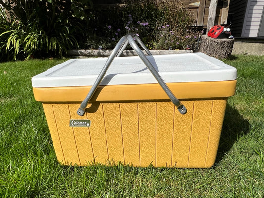 Vintage 1970's Coleman Picnic Park Outdoor Camping Cooler Ice Chest with Aluminium Carrying Handles Lemon Yellow White Excellent With Drain Plug Very RARE
