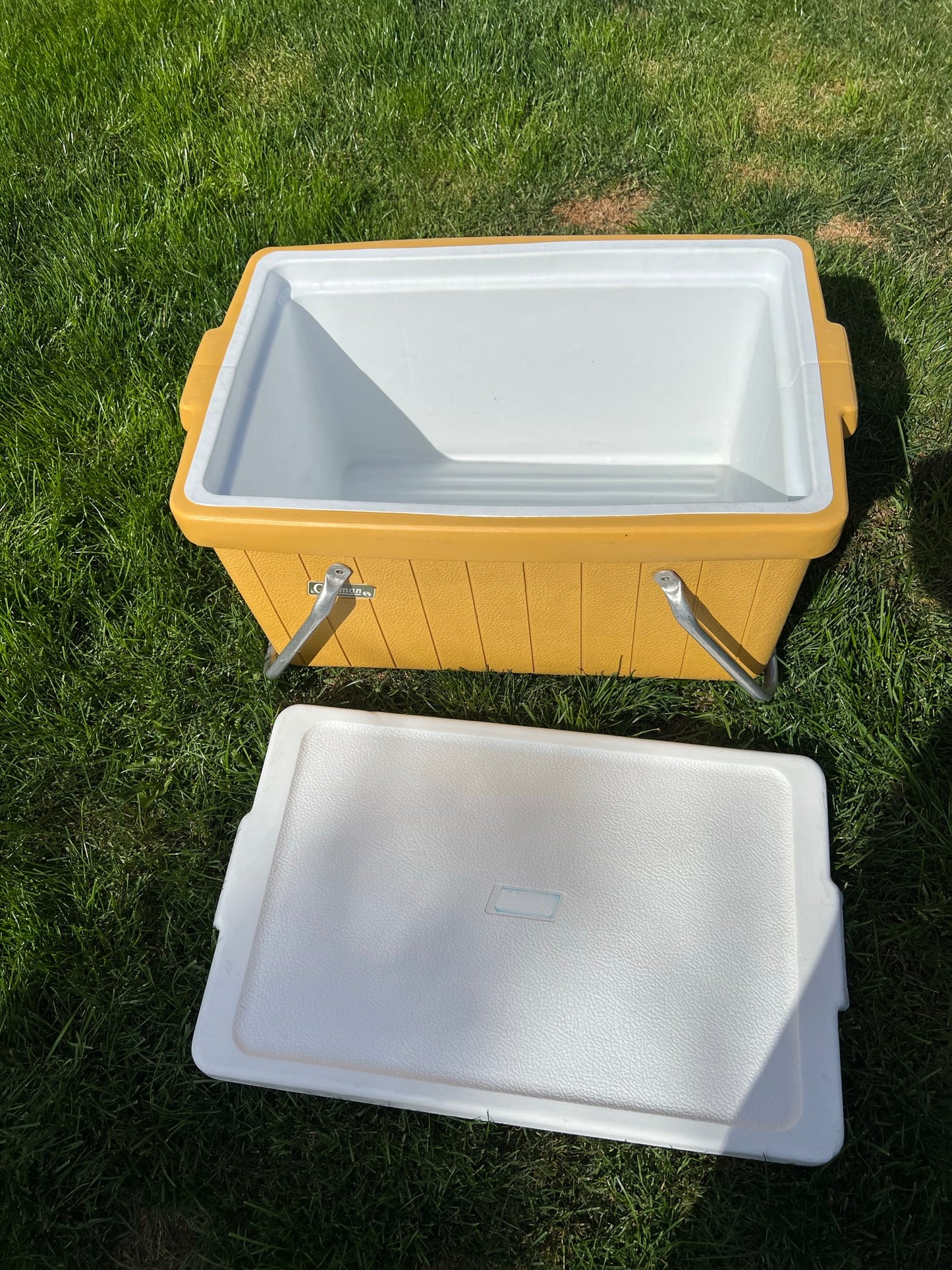 Vintage 1970's Coleman Picnic Park Outdoor Camping Cooler Ice Chest with Aluminium Carrying Handles Lemon Yellow White Excellent With Drain Plug Very RARE