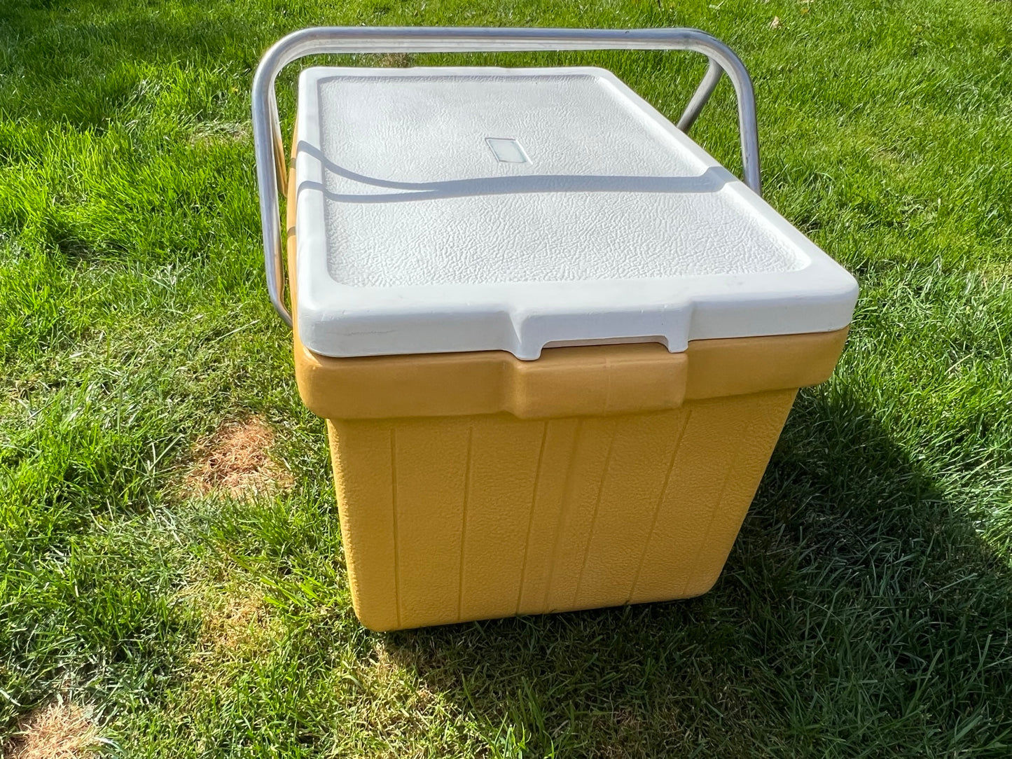Vintage 1970's Coleman Picnic Park Outdoor Camping Cooler Ice Chest with Aluminium Carrying Handles Lemon Yellow White Excellent With Drain Plug Very RARE