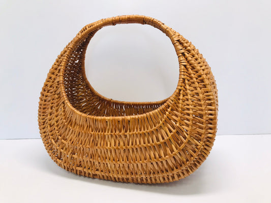 Vintage 1970's Large 16x14 inch Wicker Rattan Half Moon Purse Basket To Market RARE
