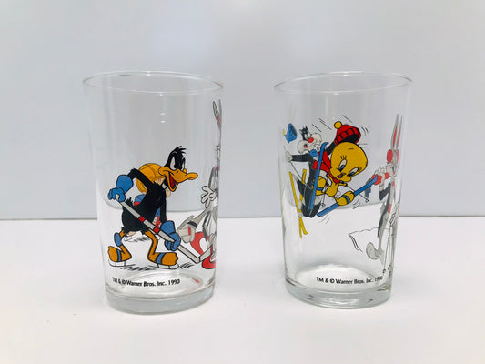 Vintage Looney Tunes Warner Bros 1990 Child 1 cup Drinking Glass Set of 2 RARE
