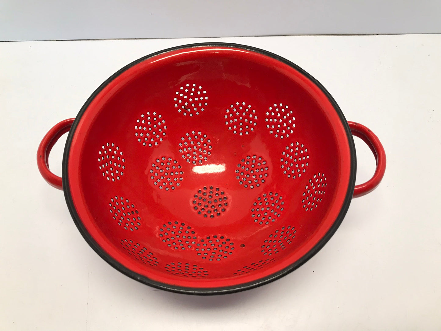 Vintage Red 9 Inch Enamel Strainer Rare Square Feet