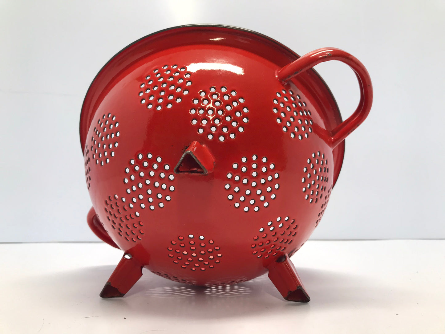 Vintage Red 9 Inch Enamel Strainer Rare Square Feet